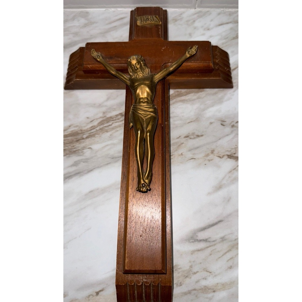VTG MCM Crucifix INRI Wood Slide Crucifix wCompartment Bottle/Candles